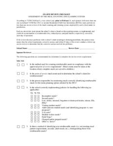 ON-SITE REVIEW CHECKLIST ASSESSMENT OF THE MEAL COUNTING AND CLAIMING SYSTEM According to 7 CFR[removed]a)(1), every school year, prior to February 1, each sponsor with more than one site (as defined 7 CFR Part[removed]to in