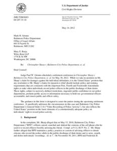 Sharp v. Baltimore Police Department - Letter from DOJ to BPD - May 14, 2012