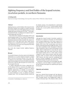 Sighting frequency and food habits of the leopard tortoise, Geochelone pardalis, in northern Tanzania J. Kabigumila Department of Zoology & Marine Biology, University of Dar es Salaam, PO Box 35064, Dar es Salaam,Tanzani