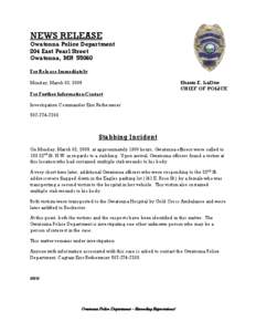 NEWS RELEASE Owatonna Police Department 204 East Pearl Street Owatonna, MN[removed]For Release Immediately