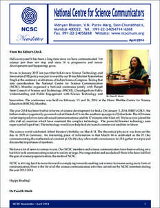 National Centre for Science Communicators NCSC Newsletter  Vidnyan Bhavan, V.N. Purav Marg, Sion-Chunabhatti,