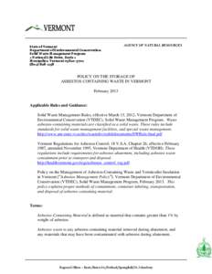 State of Vermont Department of Environmental Conservation Solid Waste Management Program 1 National Life Drive, Davis 1 Montpelier, Vermont[removed][removed]