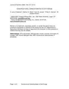 Journal of Nutrition 2006, 136: NONSTRUCTURAL CARBOHYDRATES IN OAT FORAGE N. Jerry Chatterton1, Kathryn A. Watts2, Kevin B. Jensen1, Philip A. Harrison1, W. Howard Horton1 1