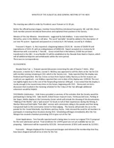 MINUTES OF THE AUGUST 18, 2010 GENERAL MEETING OF THE HSDV  The meeting was called to order by President Laura Tennant at 12:30 pm. Before the official business began, member Donna McElroy introduced two guests, Mr. and 