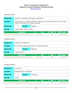 Idaho Transportation Department Highway Contracts Awarded the Week Ending April 26, 2014 Awarded[removed]