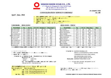 HIGASHI NIHON KOUN CO., LTD[removed], Minami-ohi, Shinagawa-Ku, Tokyo[removed]Japan TEL[removed]FAX[removed]URL: http://www.higashinihonkoun.co.jp  As of April 4, 2014
