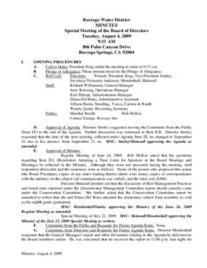 Borrego Water District MINUTES Special Meeting of the Board of Directors Tuesday, August 4, 2009 9:15 AM 806 Palm Canyon Drive