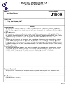 CALIFORNIA STATE SCIENCE FAIR 2014 PROJECT SUMMARY Name(s)  Abdullah Hasan