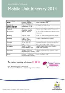 BREASTSCREEN TASMANIA  Mobile Unit Itinerary 2014 Area Burnie