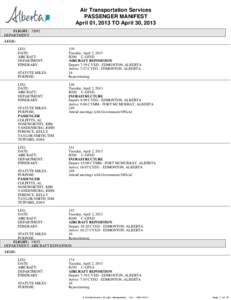 Treasury Board and Finance - Air Transportation Services - Passenger Manifest - April 2013