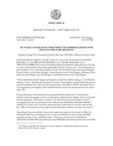 CYRUS R. VANCE, JR.  DISTRICT ATTORNEY – NEW YORK COUNTY FOR IMMEDIATE RELEASE November 13, 2012