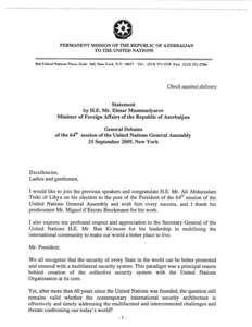 PERMANENT MISSION OF THE REPUBLIC OF AZERBAIJAN TO THE UNITED NATIONS K66 United Nations Pl»™, Suite 5<M, New York, N,YTYI.: (Fax: (