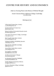 CENTRE FOR HISTORY AND ECONOMICS 1848 as a Turning Point in the History of Political Thought Junior Common Room, Robinson College, Cambridge 2-3 JulyParticipant List