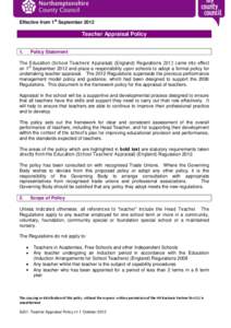 Effective from 1st September[removed]Teacher Appraisal Policy 1.  Policy Statement
