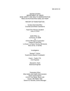 MSHA - Report of Investigation - Surface Nonmetal Mine (Crushed and Broken Sandstone) -  Fatal Fall of Person Accident Occuring June 12, 2010