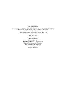 Testimony for the Committee on Government Reform’s Subcommittee on Government Efficiency, Financial Management and Intergovernmental Relations