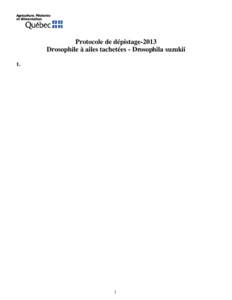 Protocole de dépistage-2013 Drosophile à ailes tachetées - Drosophila suzukii 1. Remplissage des pièges à l’aide de l’attractif : Verser 150 ml de vinaigre de cidre dans chaque piège et y ajouter 15 ml d’éth