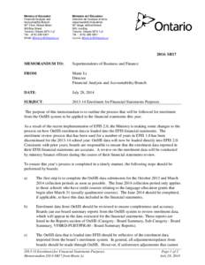 Ministry of Education Financial Analysis and Accountability Branch 20st Floor, Mowat Block 900 Bay Street Toronto, Ontario M7A 1L2