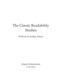 The Classic Readability  Studies  William H. DuBay, Editor   