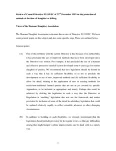 Humane Slaughter Assoiation’s response to call for amendments to Council Directive[removed]EC of 22nd December 1993 on the prot