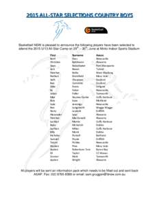 2015 ALL-STAR SELECTIONS COUNTRY BOYS  Basketball NSW is pleased to announce the following players have been selected to attend the 2015 U/13 All-Star Camp on 29th – 30th, June at Minto Indoor Sports Stadium First