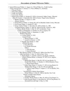 Descendants of Samuel Wilcoxson Walker 1 Samuel Wilcoxson Walker b: August 13, 1782 in Wilkes Co., North Carolina .. +Nancy Enyard Farris b: January 13, 1792 in Whitley Co., Kentucky[removed]Pleasant Walker[removed]Mary 