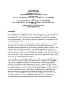 STATEMENT OF DAVID J. HAYES DEPUTY SECRETARY OF THE DEPARTMENT OF THE INTERIOR BEFORE THE SENATE COMMITTEE ON ENERGY AND NATURAL RESOURCES