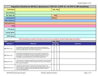 Inspection Checklist for NIH BL3 Laboratories (7 CFR 331; 9 CFR 121; 42 CFR 73; NIH Guidelines)
