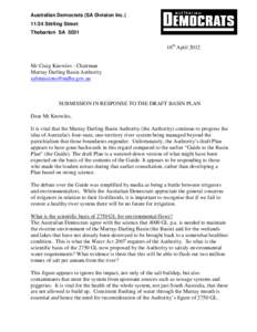 Australian Democrats (SA Division Inc[removed]Stirling Street Thebarton SA 5031 16th April 2012
