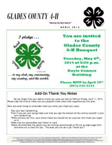 GLADES COUNTY 4-H “Making the Best Better” APRIL[removed]Add-On Thank You Notes