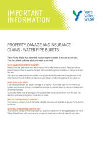 IMPORTANT INFORMATION PROPERTY DAMAGE AND INSURANCE CLAIMS - WATER PIPE BURSTS Yarra Valley Water has attended your property to make it as safe as we can. This fact sheet outlines what you need to do next.