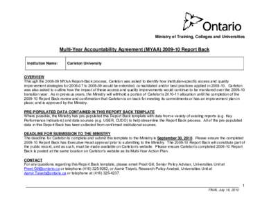 Ministry of Training, Colleges and Universities  Multi-Year Accountability Agreement (MYAA[removed]Report Back Institution Name:  Carleton University