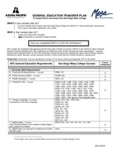 GENERAL EDUCATION TRANSFER PLAN To Azusa Pacific University from San Diego Mesa College WHAT is this transfer plan for?  