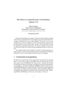 Ibn S¯ın¯a on contradictories of absolutes (Qiy¯as 1.5) Wilfrid Hodges Herons Brook, Sticklepath, Okehampton, Devon EX20 2PY, England 