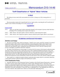 Memorandum D10[removed]Ottawa, June 24, 2014 Tariff Classification of “Hybrid” Motor Vehicles In Brief