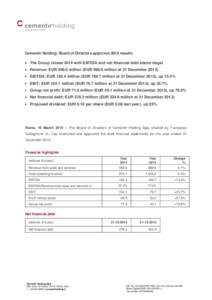 Cementir Holding: Board of Directors approves 2014 results  The Group closes 2014 with EBITDA and net financial debt above target  Revenue: EURmillion (EURmillion at 31 December 2013)  EBITDA: EUR 