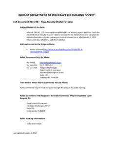 INDIANA DEPARTMENT OF INSURANCE RULEMAKING DOCKET LSA Document #14-298— New Annuity Mortality Tables Subject Matter of the Rule: Amends 760 IAC 1-35 concerning mortality tables for annuity reserve liabilities. Adds the