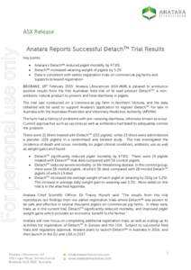    For personal use only ASX Release  Anatara Reports Successful DetachTM Trial Results