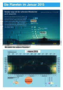 Die Planeten im Januar 2015 Rendez-vous mit der schmalen Mondsichel am 21. Januar 2015 Nach der engen Begegnung zwischen Merkur und Venus am Abend des 10. Januars 2015 wandern die beiden Planeten wieder auseinander. Merk