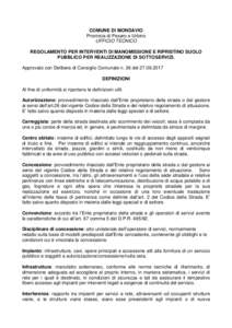 COMUNE DI MONDAVIO Provincia di Pesaro e Urbino UFFICIO TECNICO REGOLAMENTO PER INTERVENTI DI MANOMISSIONE E RIPRISTINO SUOLO PUBBLICO PER REALIZZAZIONE DI SOTTOSERVIZI. Approvato con Delibera di Consiglio Comunale n. 36