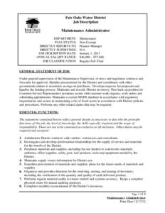 Fair Oaks Water District Job Description Maintenance Administrator DEPARTMENT: FLSA STATUS: