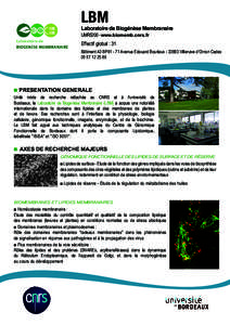 LBM  Laboratoire de Biogénèse Membranaire UMR5200 - www.biomemb.cnrs.fr  Effectif global : 31