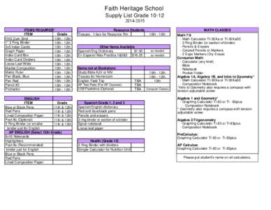 Faith Heritage School Supply List Grade[removed]ITEMS REQUIRED* ITEM Grade