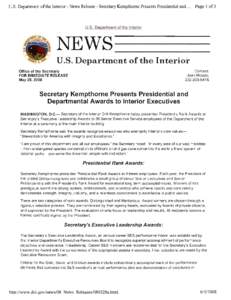 U.S. Department of the Interior - News Release - Secretary Kempthome Presents Presidential and ...  Page 1 of3 U.S. De artment of the Interior