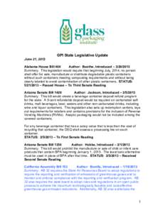 GPI State Legislative Update June 21, 2013 Alabama House Bill 468 Author: Boothe, Introduced – [removed]Summary: This legislation would require that beginning July, 2014, no person shall offer for sale, manufacture or