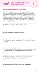 Questions to Ask Your Doctor Lymphedema (Swelling of the Arm) If you have had surgery to remove the lymph nodes under your arm as a part of treatment, you are at risk for lymphedema. Radiation therapy to the axilla (unde