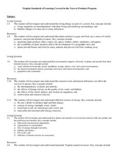 Virginia Standards of Learning Covered in the Trees to Products Program  Science: Living Systems 2.5 The student will investigate and understand that living things are part of a system. Key concepts include