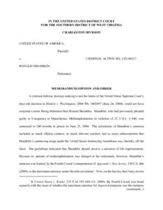 IN THE UNITED STATES DISTRICT COURT FOR THE SOUTHERN DISTRICT OF WEST VIRGINIA CHARLESTON DIVISION UNITED STATES OF AMERICA, Plaintiff,