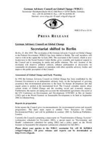 German Advisory Council on Global Change (WBGU) Secretariat • Reichpietschufer[removed]8th Floor) • 10785 Berlin, Germany Tel.: +[removed] • Fax.: +[removed]Internet: www.wbgu.de • E-mail: [removed]