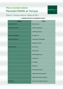 Peru Conservation Recorded Wildlife at Taricaya Plants in Taricaya Reserve, Madre de Dios 1. MAGNOLIOPHYTA (FLOWERING PLANTS) FAMILIA